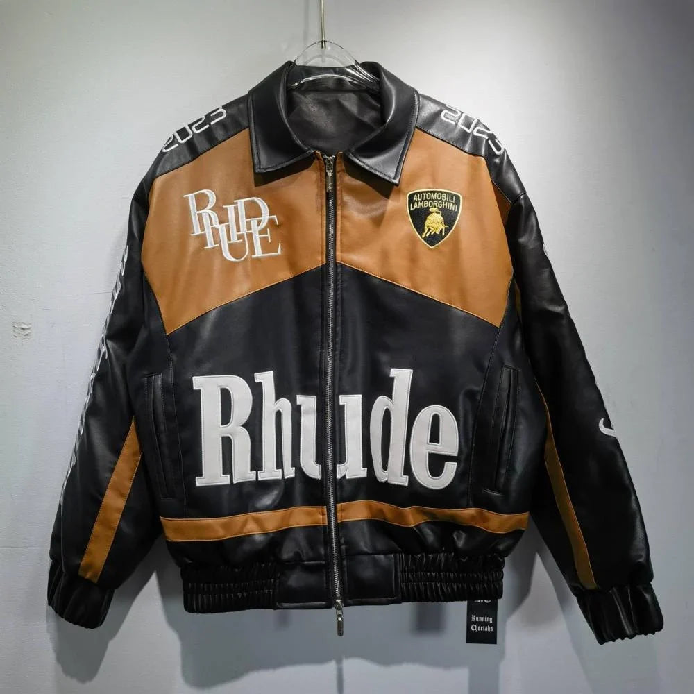 Brown and Black Lamborghini Rhude Jacket Racing PU Leather